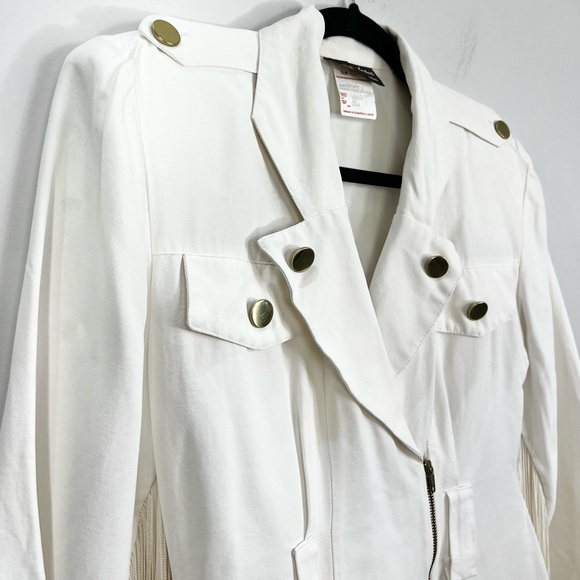 Vtg 80s 90s white power shoulder fringe sleeve military western peplum jacket 3 - Picture 10 of 17